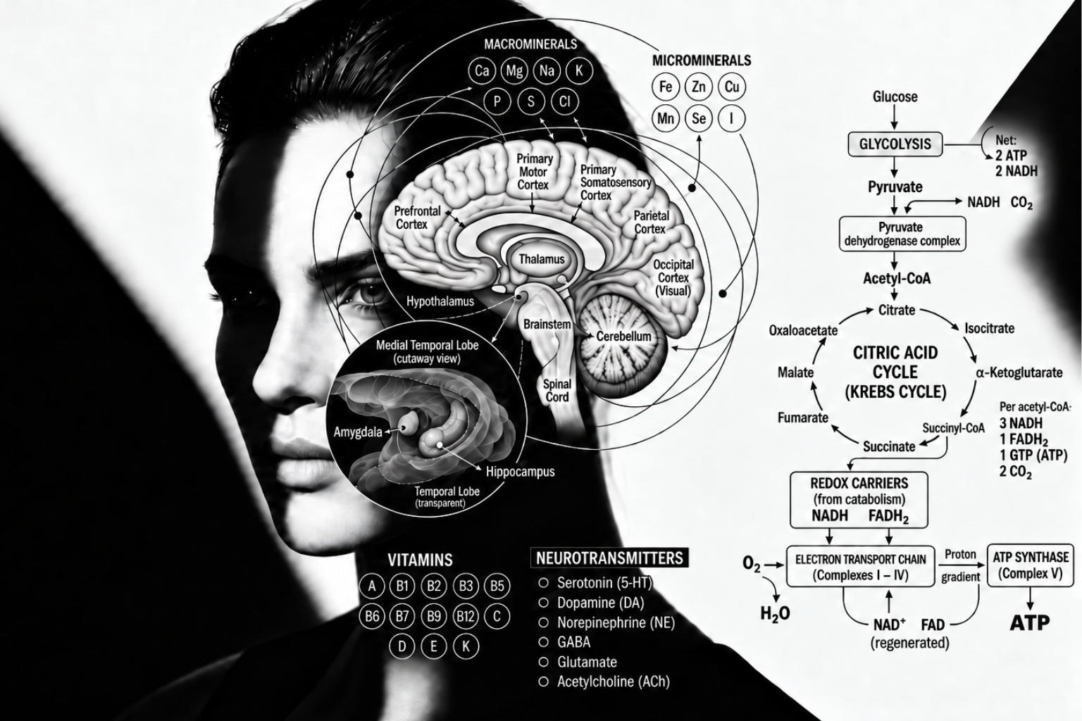 Scientific diagram: the human head with brain anatomy, macrominerals, microminerals, vitamins, neurotransmitters and the citric acid (Krebs) cycle leading to ATP synthesis — an integrated view of the biological substrate of embodied change.