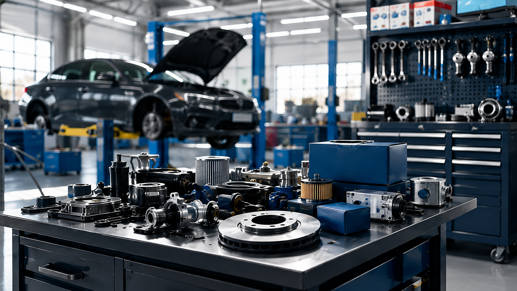 A workshop bay with a car on a lift and spare parts laid out on the workbench