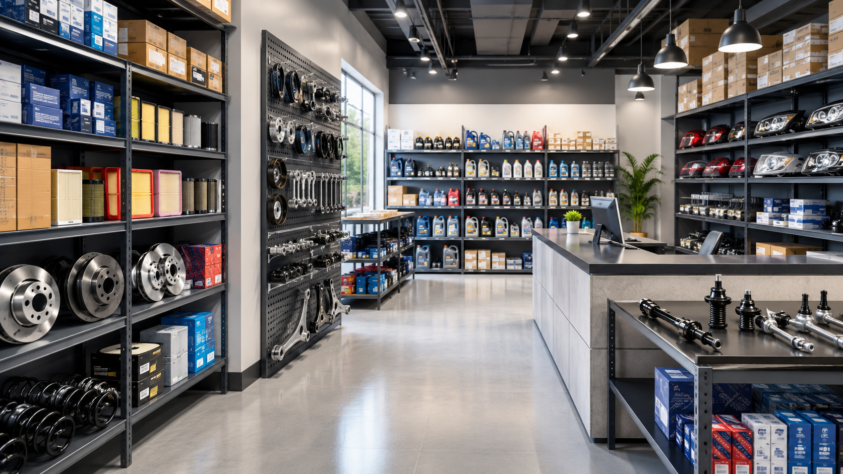 An auto spare parts store with stocked shelves and cartons behind the counter