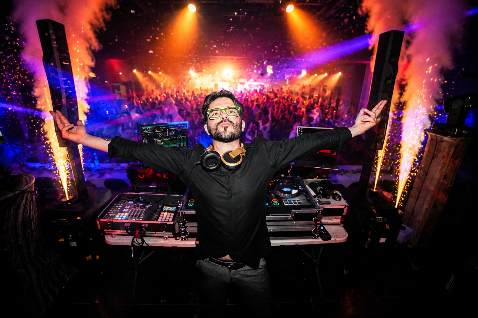 Adrien Sebert – DJ AS derrière les platines, bras ouverts devant la foule