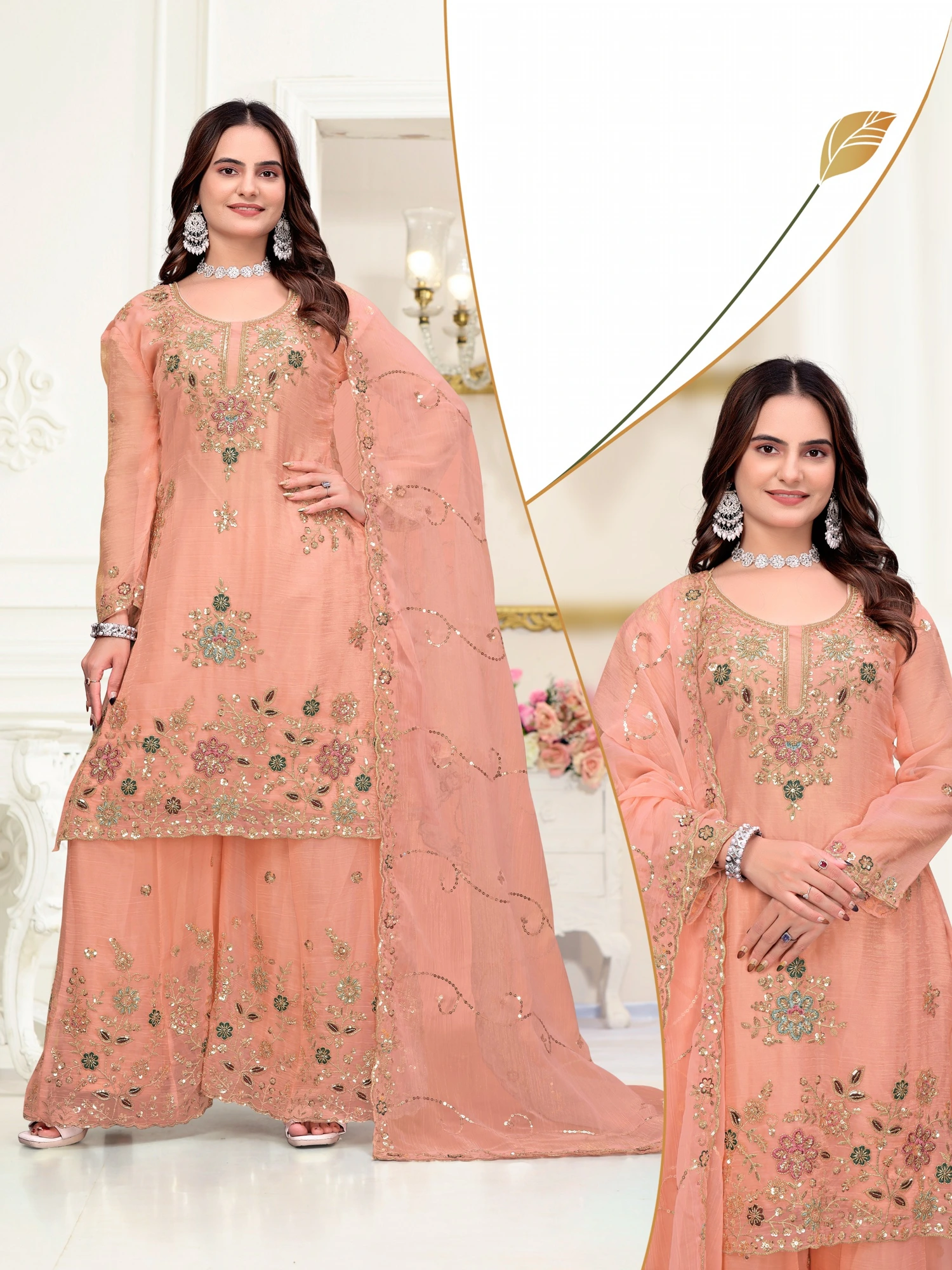 Peach Salsa Beat-Embroidered Sharara Set