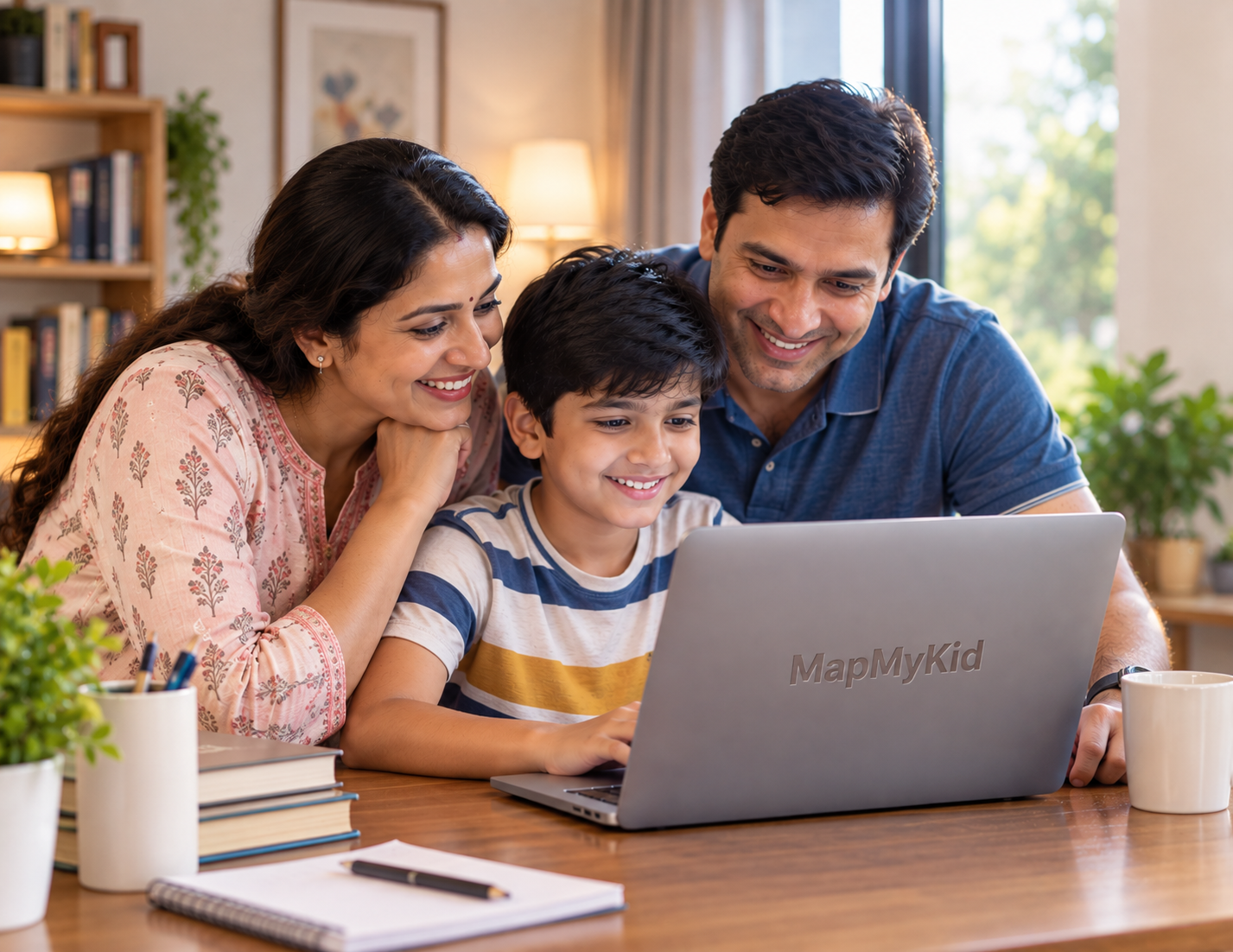 Indian parent and child taking an online assessment at home