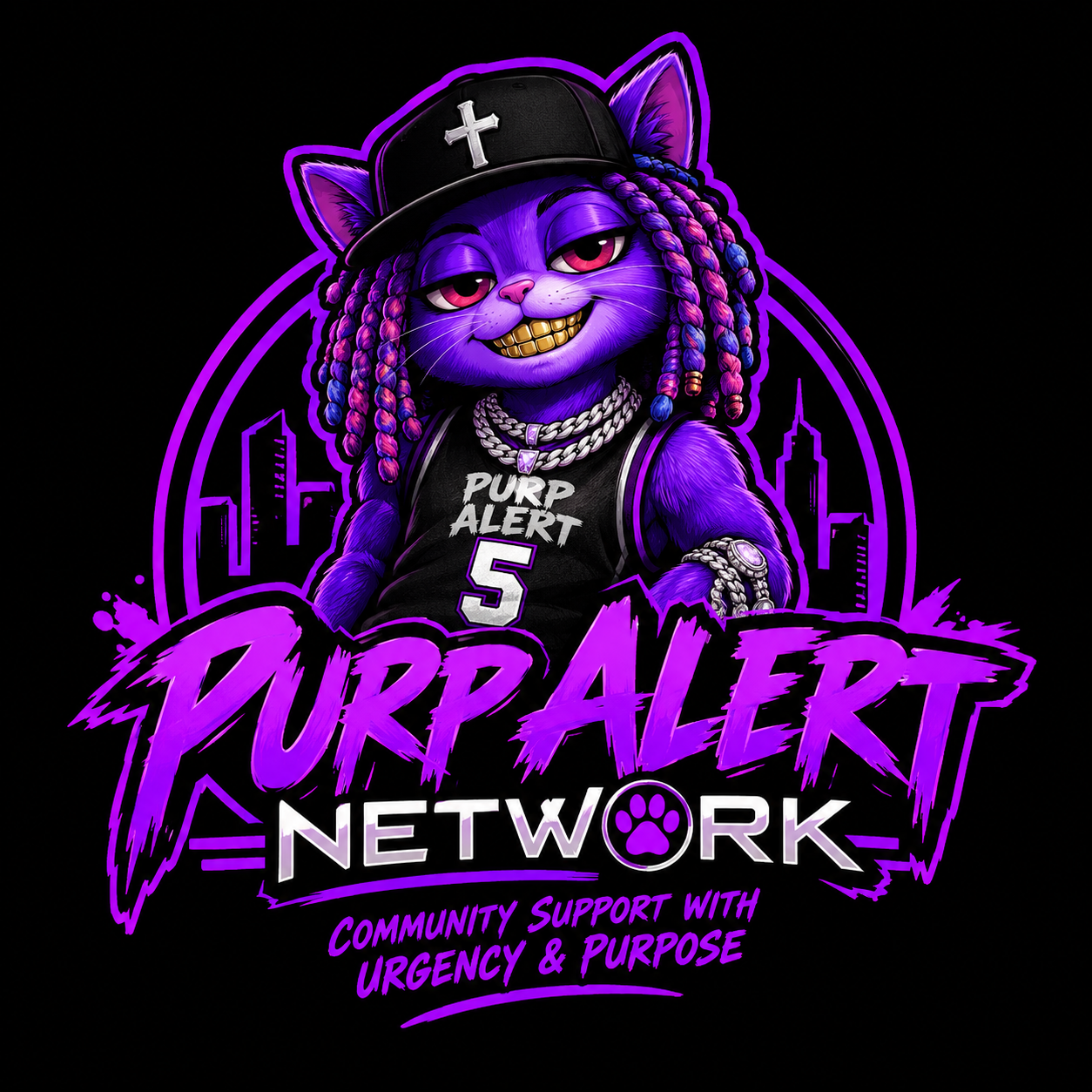 PURP ALERT mascot — purple cat in the #5 jersey