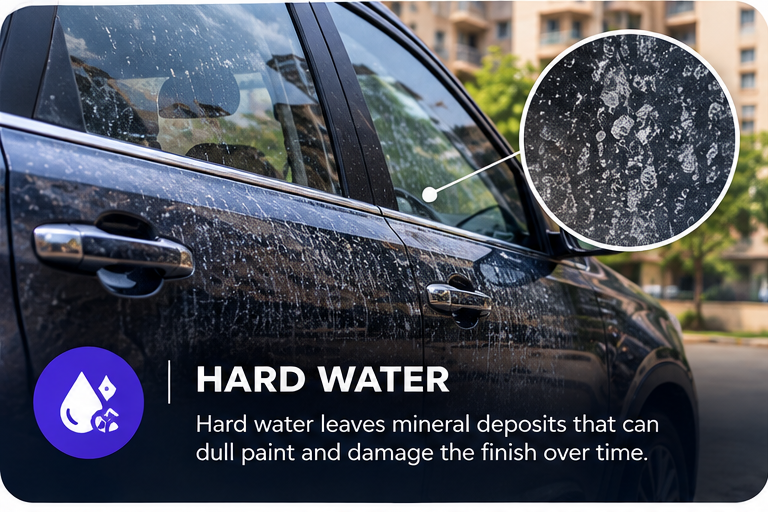 HARD WATER — Hard water leaves mineral deposits that can dull paint and damage the finish over time.