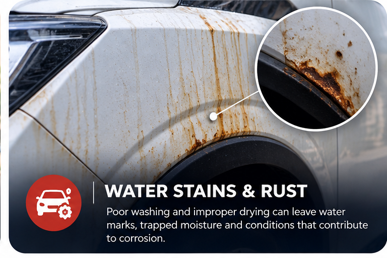 WATER STAINS & RUST — Poor washing and improper drying can leave water marks, trapped moisture and conditions that contribute to corrosion.