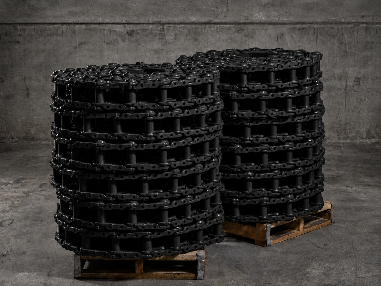 Track chains coiled on pallets