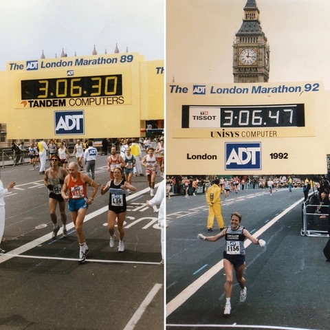 Andrea finishing the London Marathon in 1989 and 1992