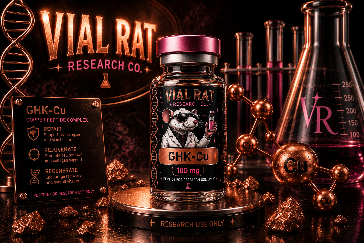 GHK-Cu 50 mg / 100 mg — research peptide from Vial Rat Research Co.