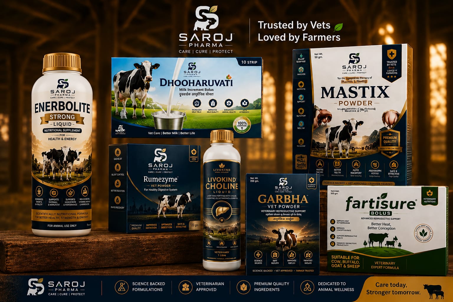Saroj Pharma complete veterinary product range — Enerbolite, Dhoodharuvati, Mastix, Rumezyme, Livokind Choline, Garbha Vet Powder, Fartisure Bolus