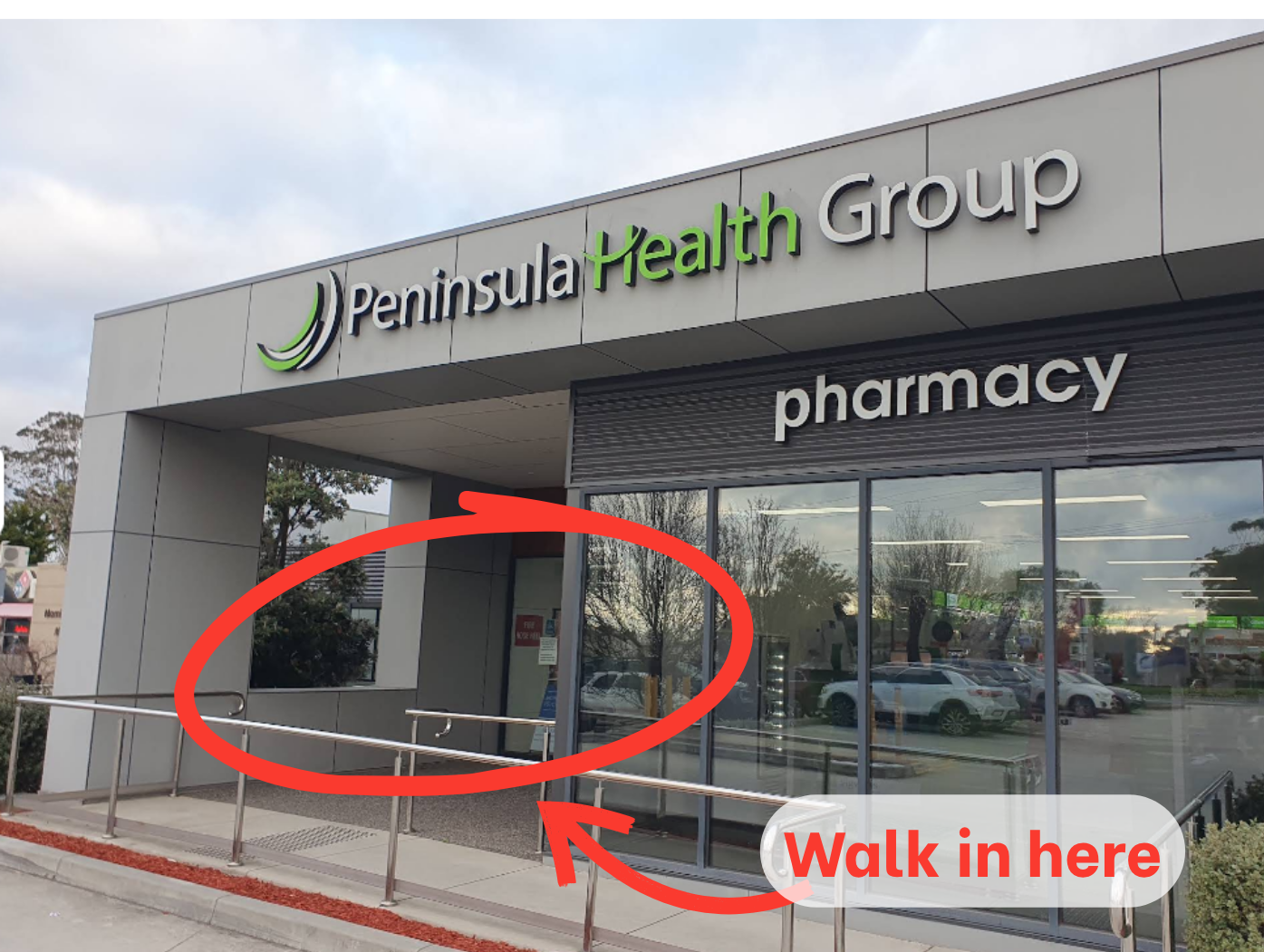 The Peninsula Health Group pharmacy walk-in doors