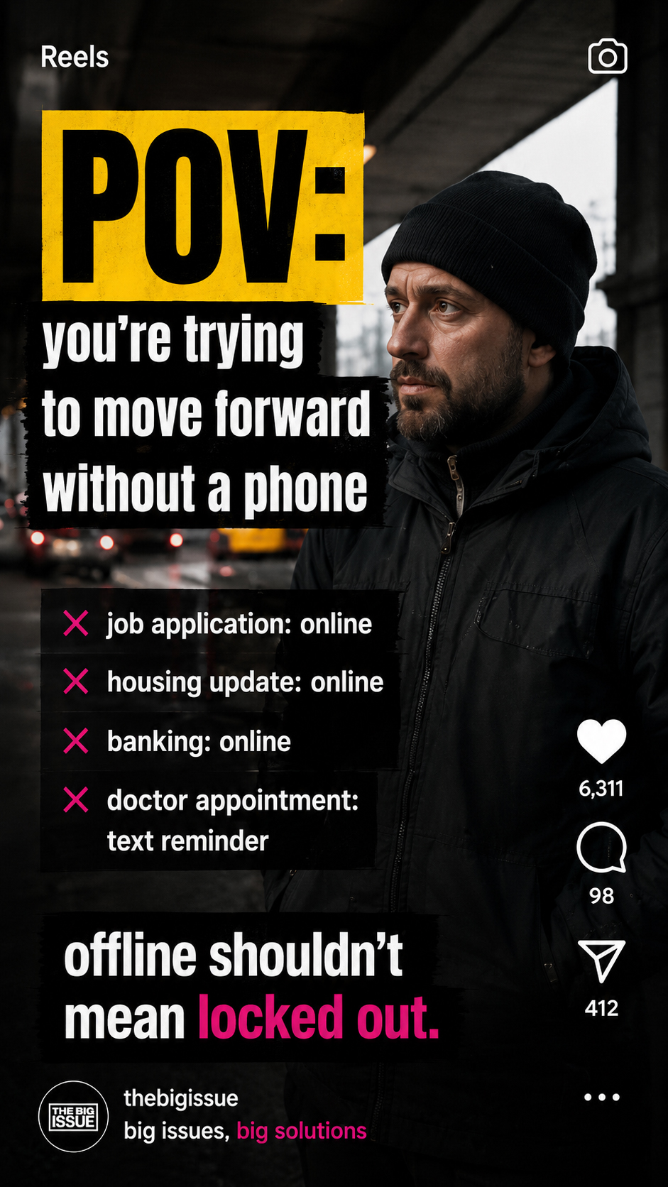 Reel 3 — POV: no phone. Offline shouldn't mean locked out.