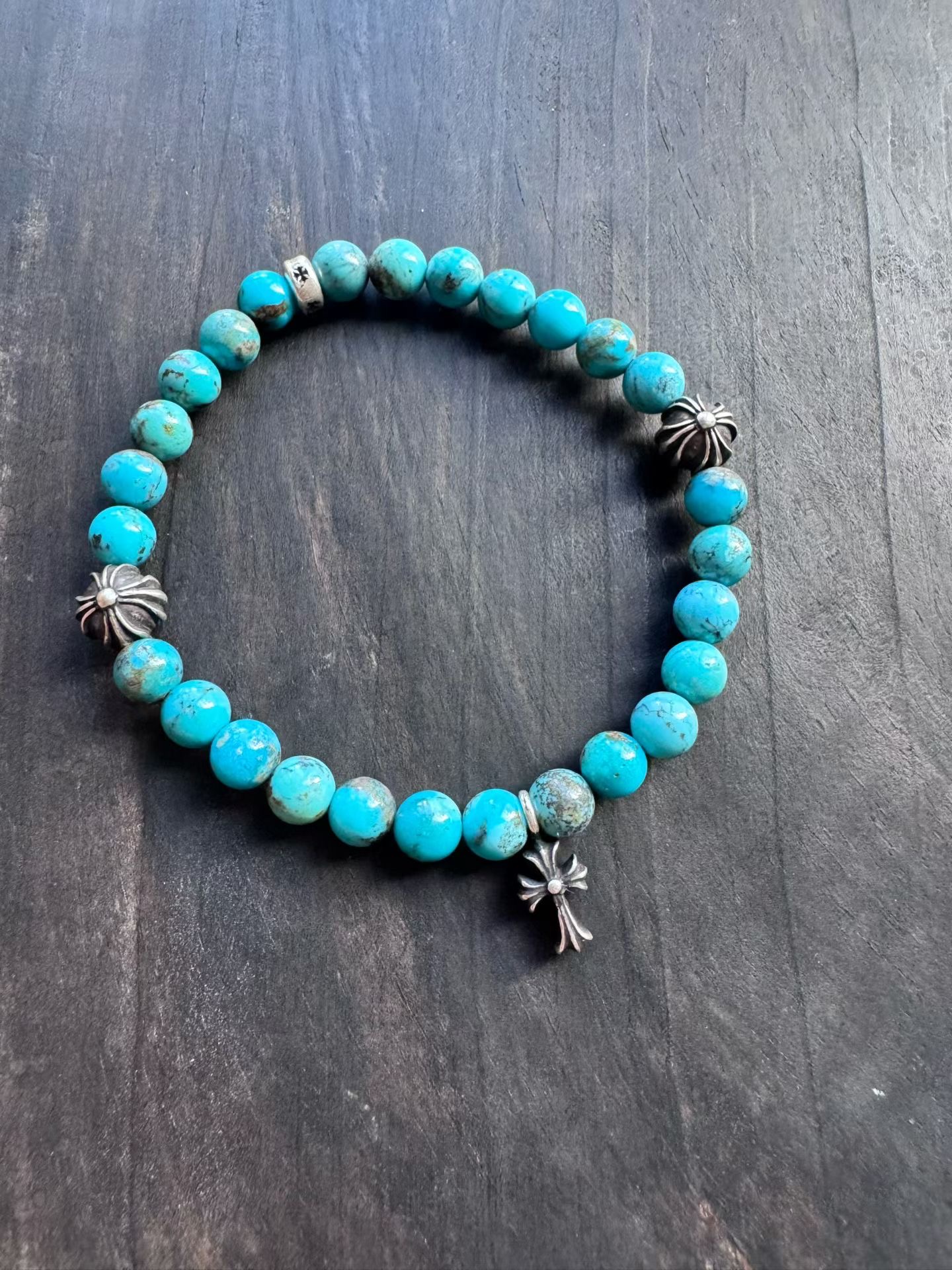 Turquoise Bead & Silver Cross Bracelet