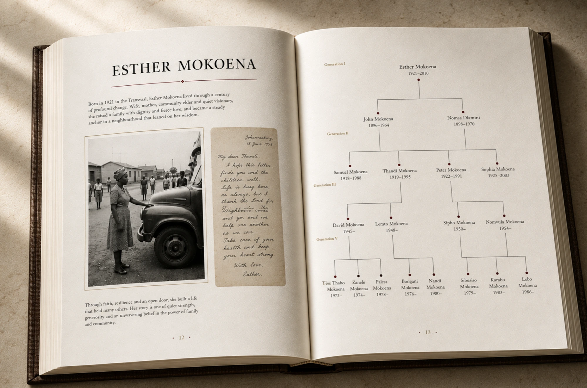 An open Life Study spread: a biography page beside a family tree