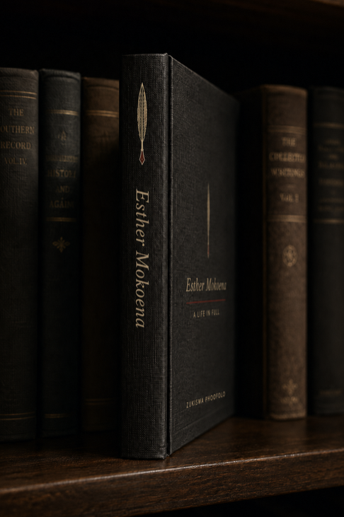 Esther Mokoena, A Life in Full, spine out on a shelf among bound volumes
