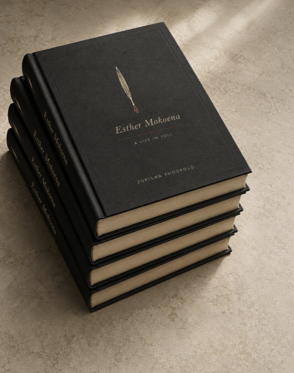 A stack of Esther Mokoena, A Life in Full: the sewn hardcover volumes of a heritage run