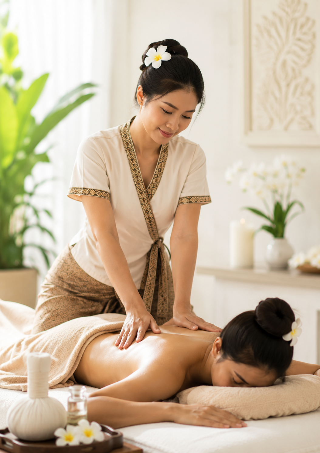 Thai therapist performing traditional massage