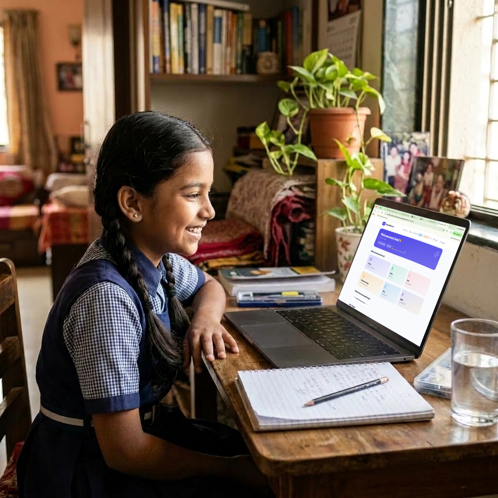 Indian student learning with SmartGuru on a laptop