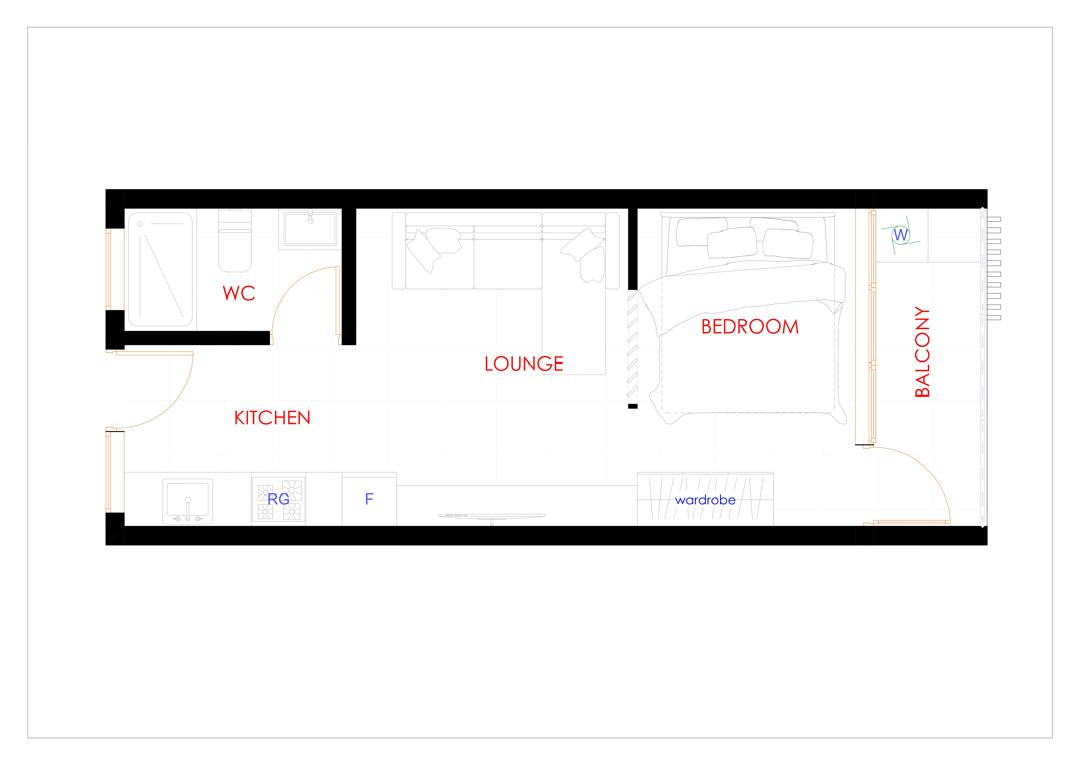 Typical Pioneer Condos studio floor plan — WC, kitchen, lounge, bedroom and balcony