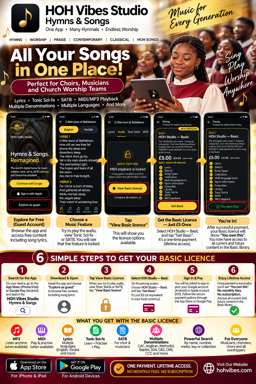 HOH Vibes Studio — Amazing Grace across 5 phones (SATB, Tonic Sol-fa, MIDI, MP3)