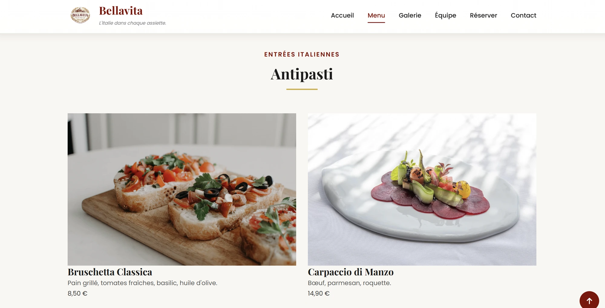 Site vitrine — Le menu
