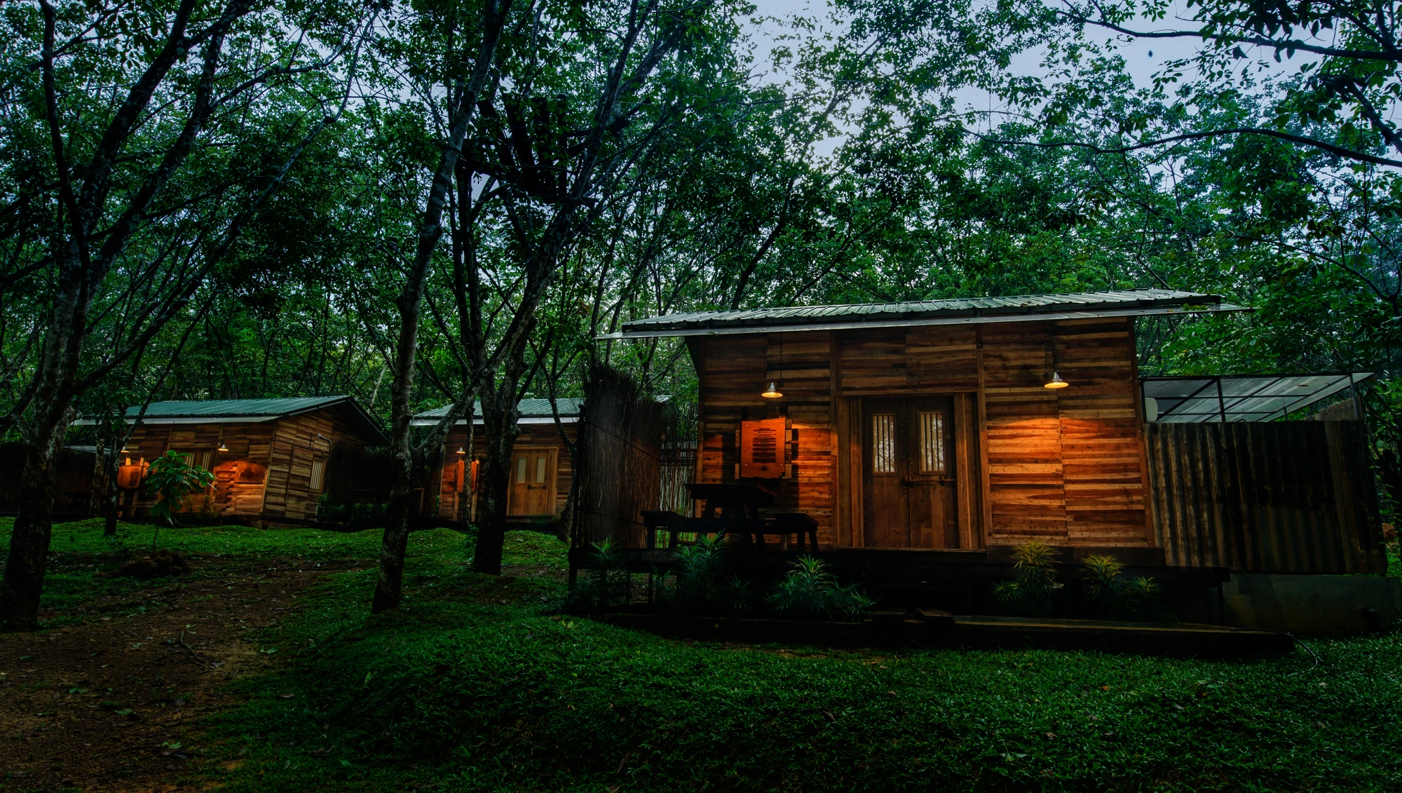 Wooden chalets glowing at dusk inside the LUSH Adventure forest estate