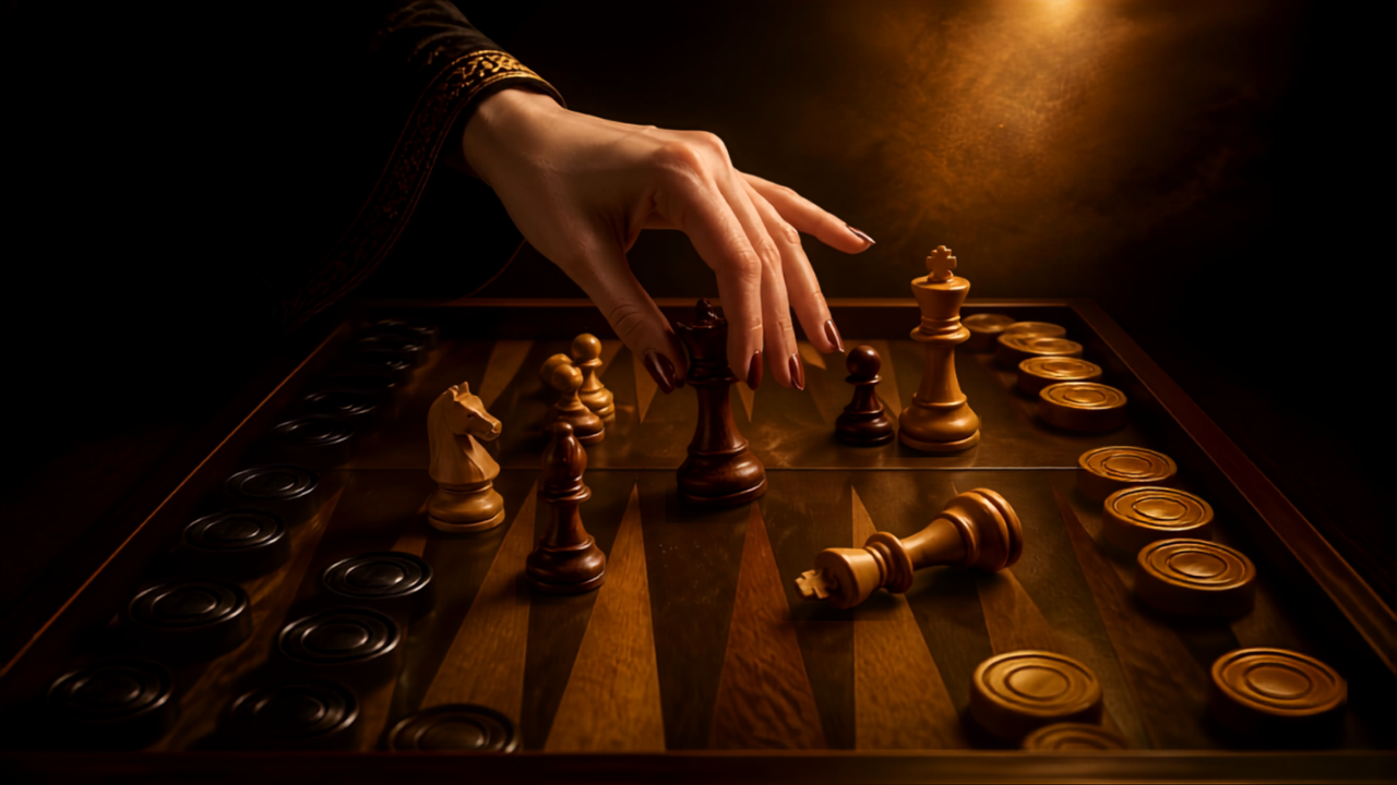 Eine Hand zieht eine Schachfigur auf einem Backgammon-Brett